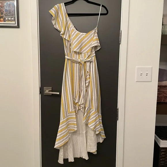 Lulus high tide yellow striped one shoulder midi dress - Picture 4 of 6